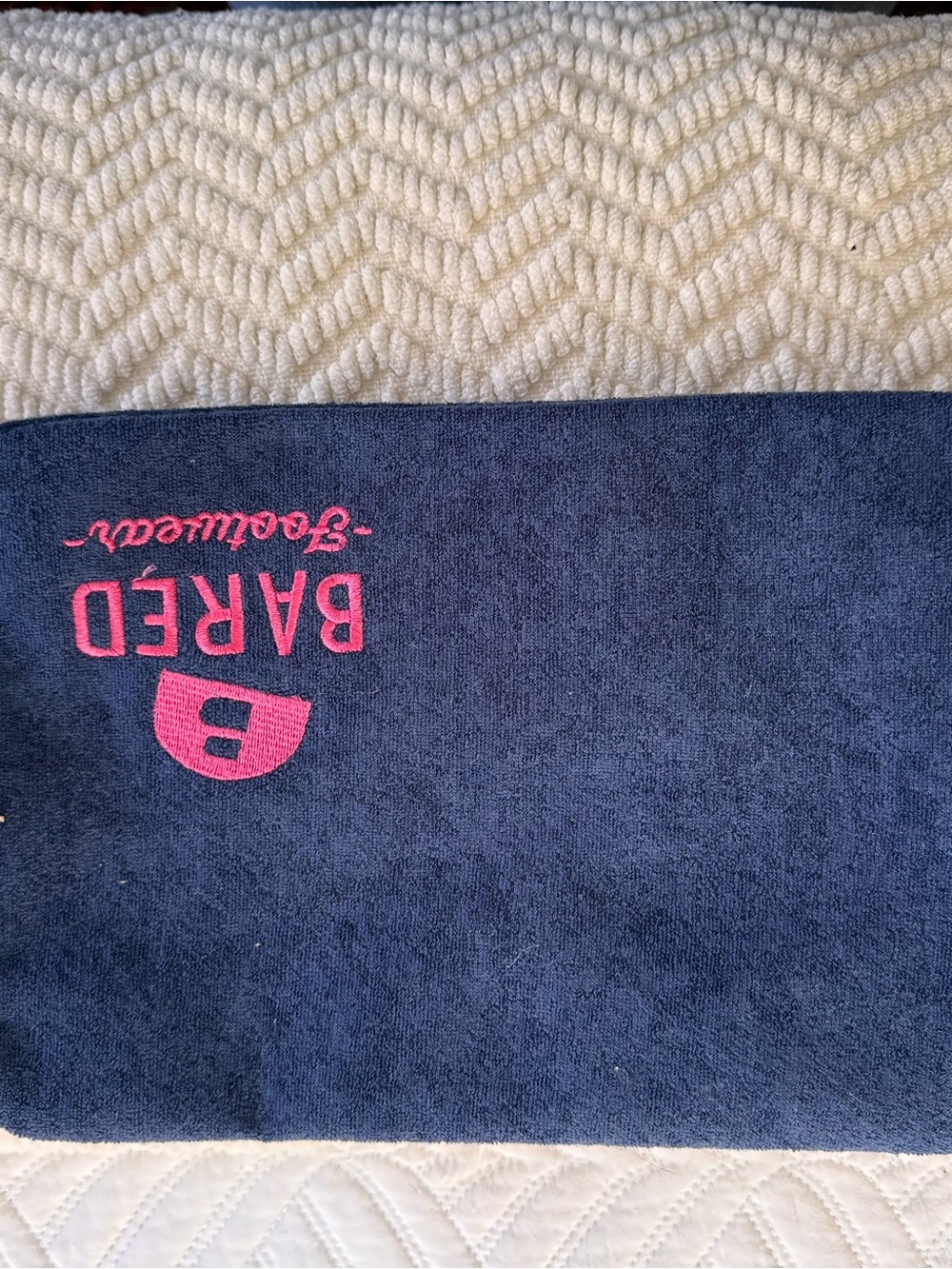 Bared Footwear Navy Towel with Pink Logo